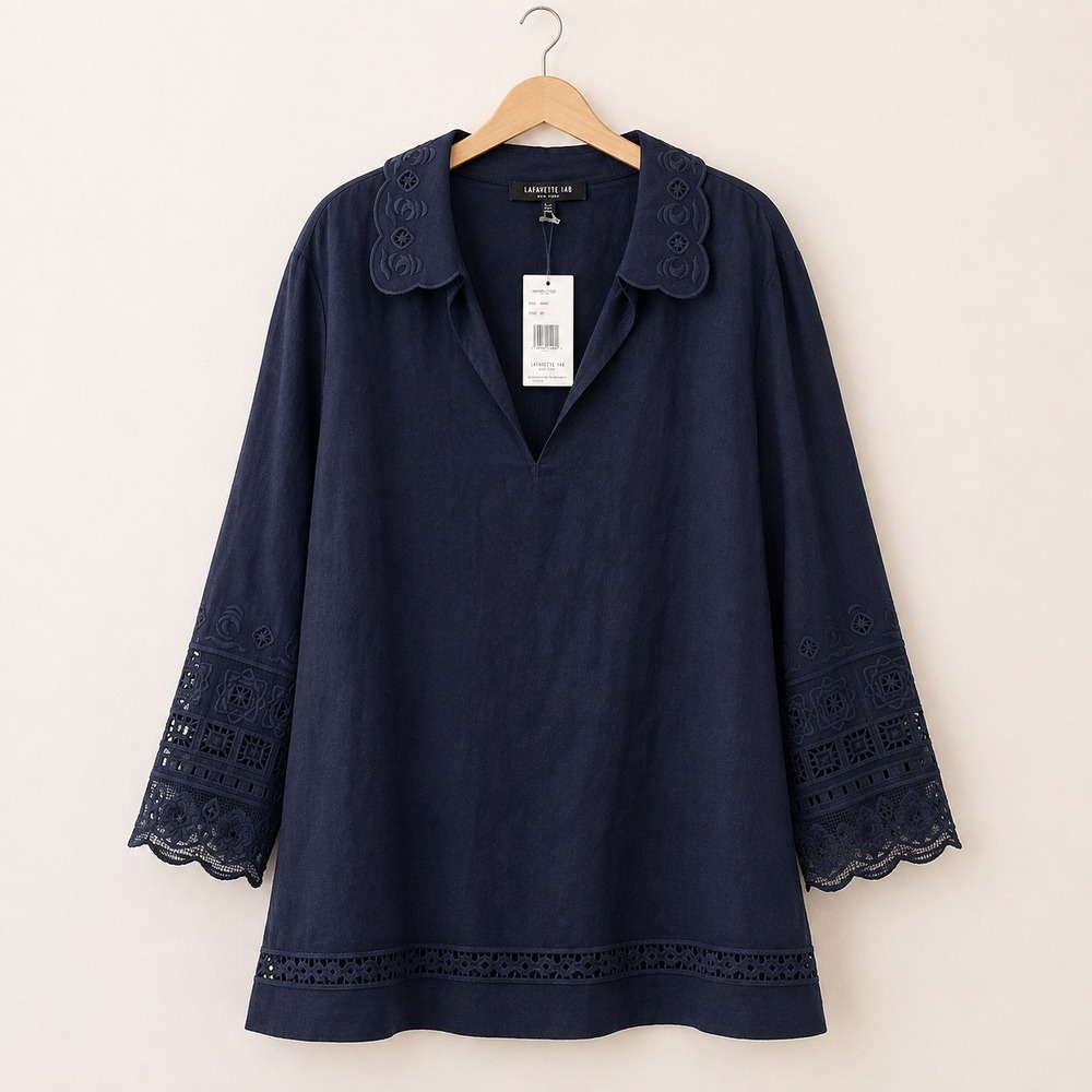 NWT Lafayette 148 Coastal Grandma Linen Eyelet Tunic Women XL Navy Blue Luxury